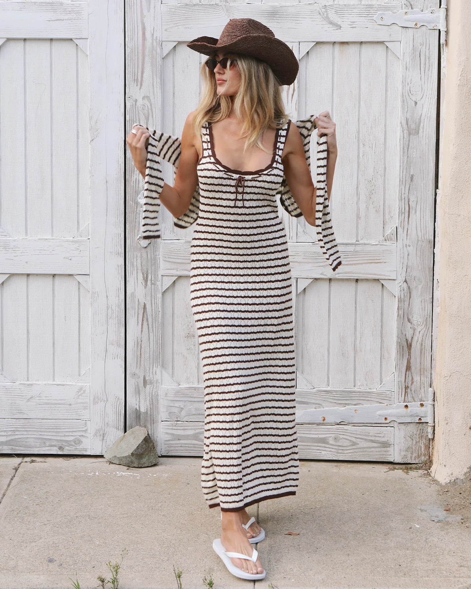 Striped maxi dress in brown and cream