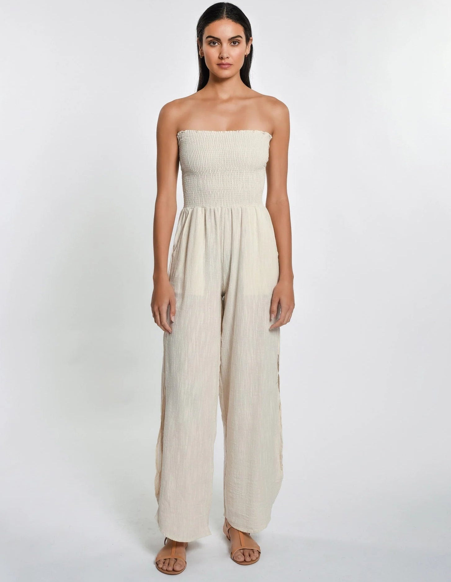 strapless cotton jumpsuit in beige