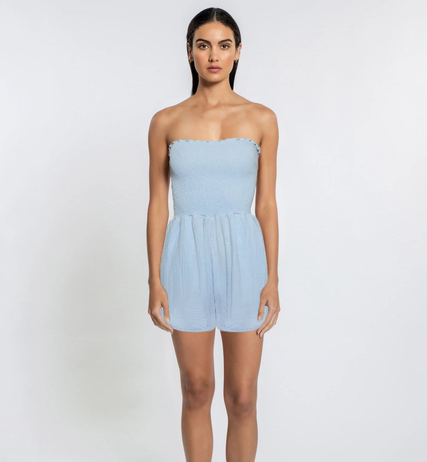 Strapless romper with smocking on top in Cloud Blue