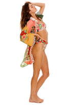 Embroidered floral print button down coverup shirt