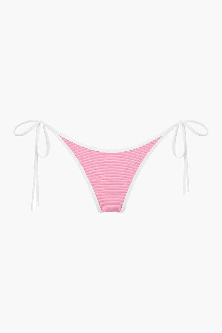 Ribbed tie side bikini bottom in pink with white trim