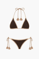 Beaded bikini set with tassels in brown and tan