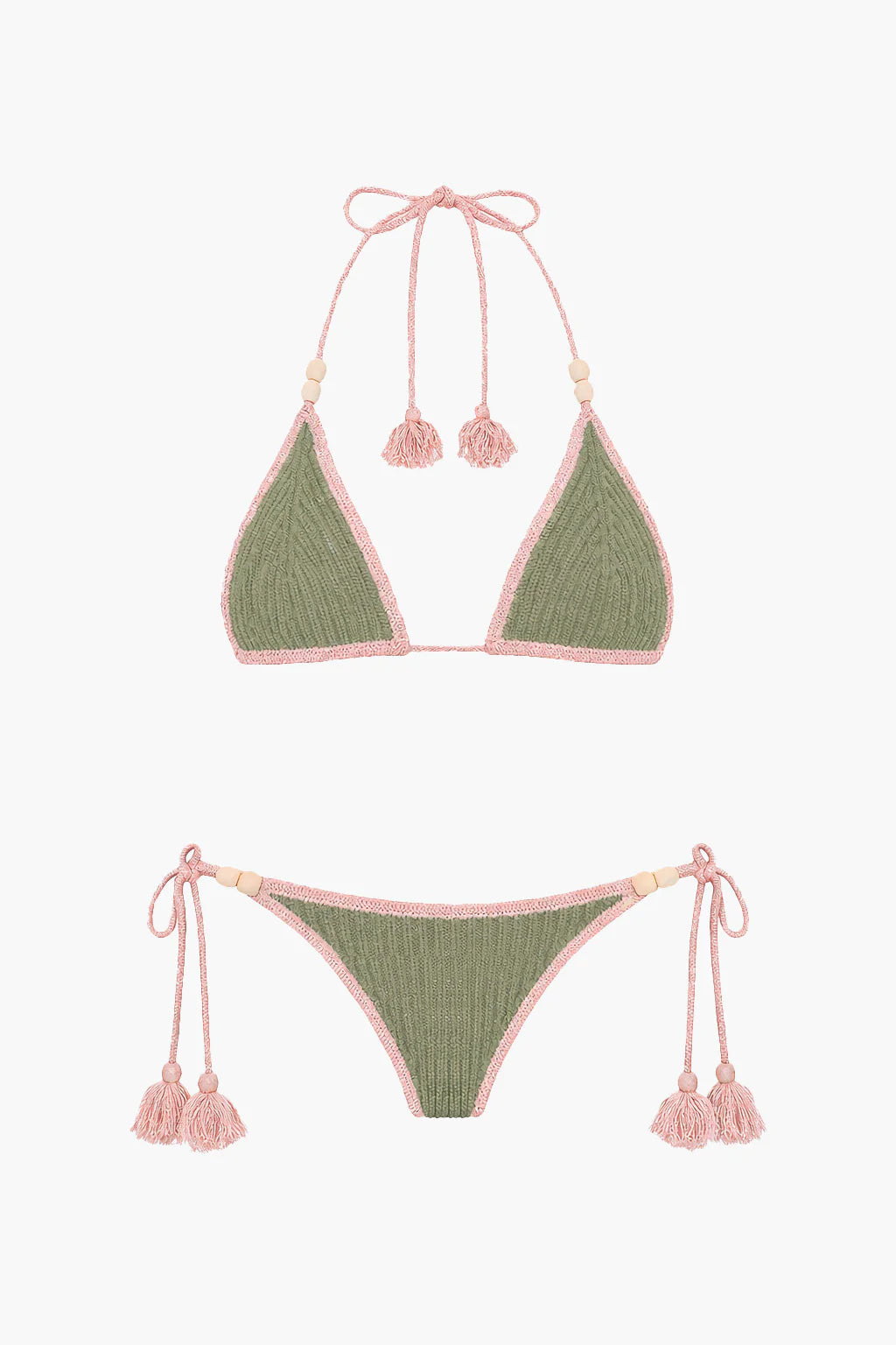 Ribbed bikini set with beads in dark green with pink trim