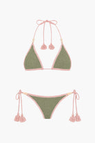 Ribbed bikini set with beads in dark green with pink trim