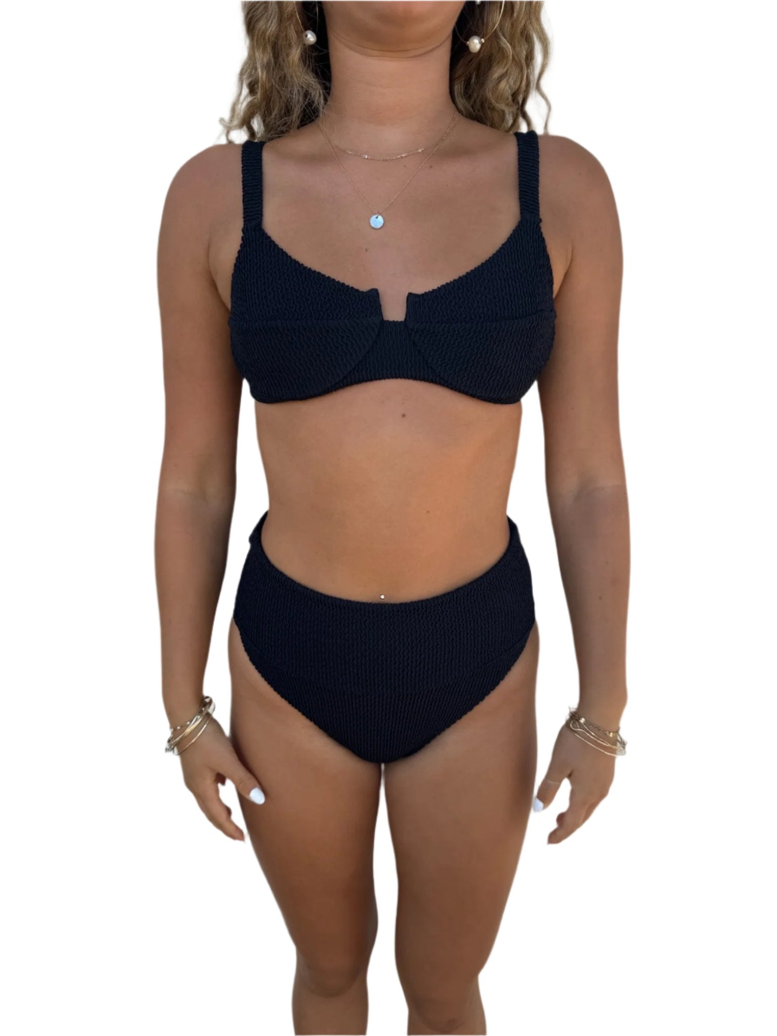 Textured high waist bottom in black