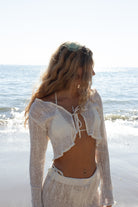 Sheer long sleeve crop top with tie front in ivory