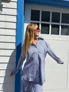 Button down tunic in blue and white vertical stripes