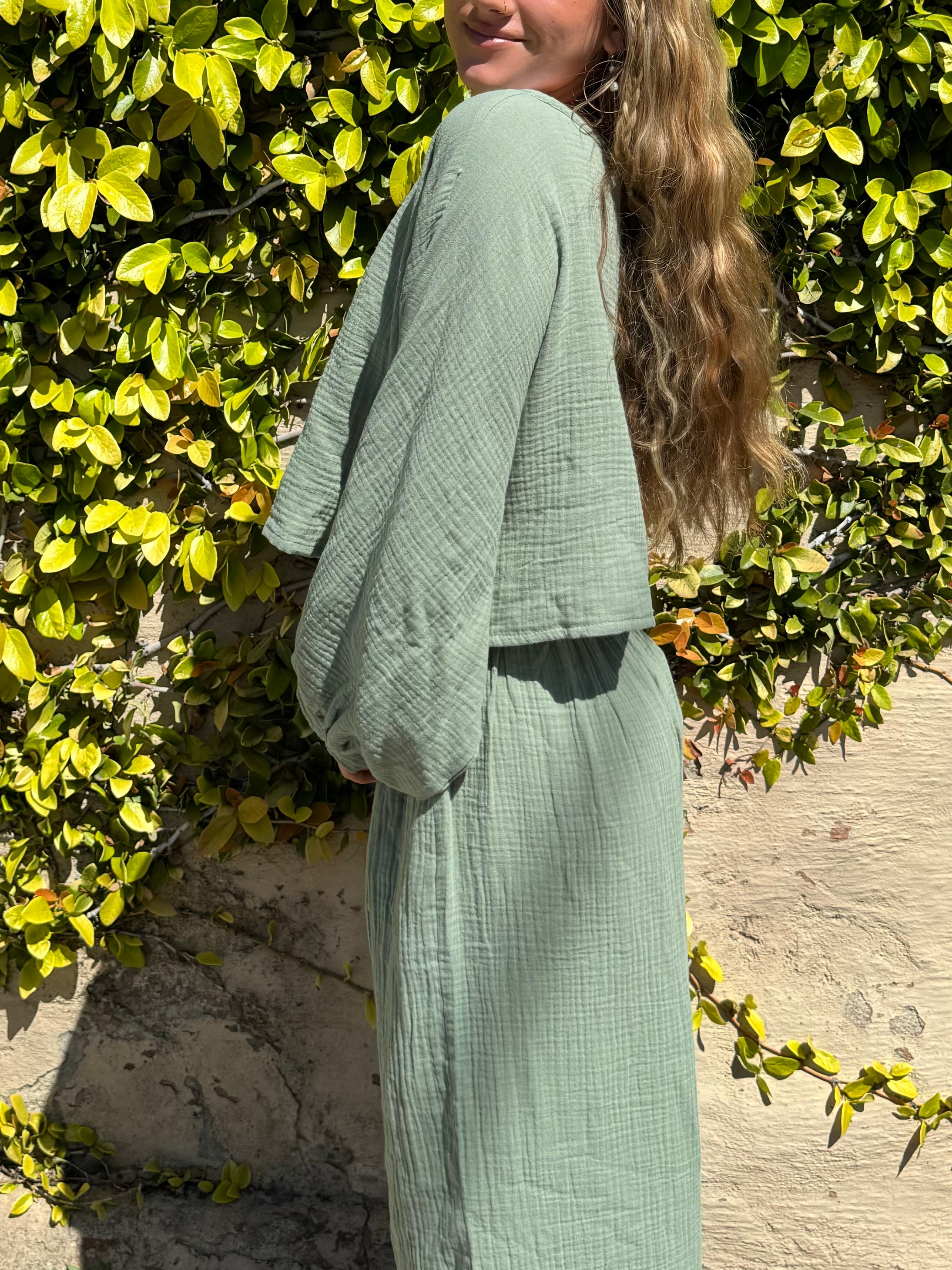 Wide leg cotton gauze pants in Sage Green.