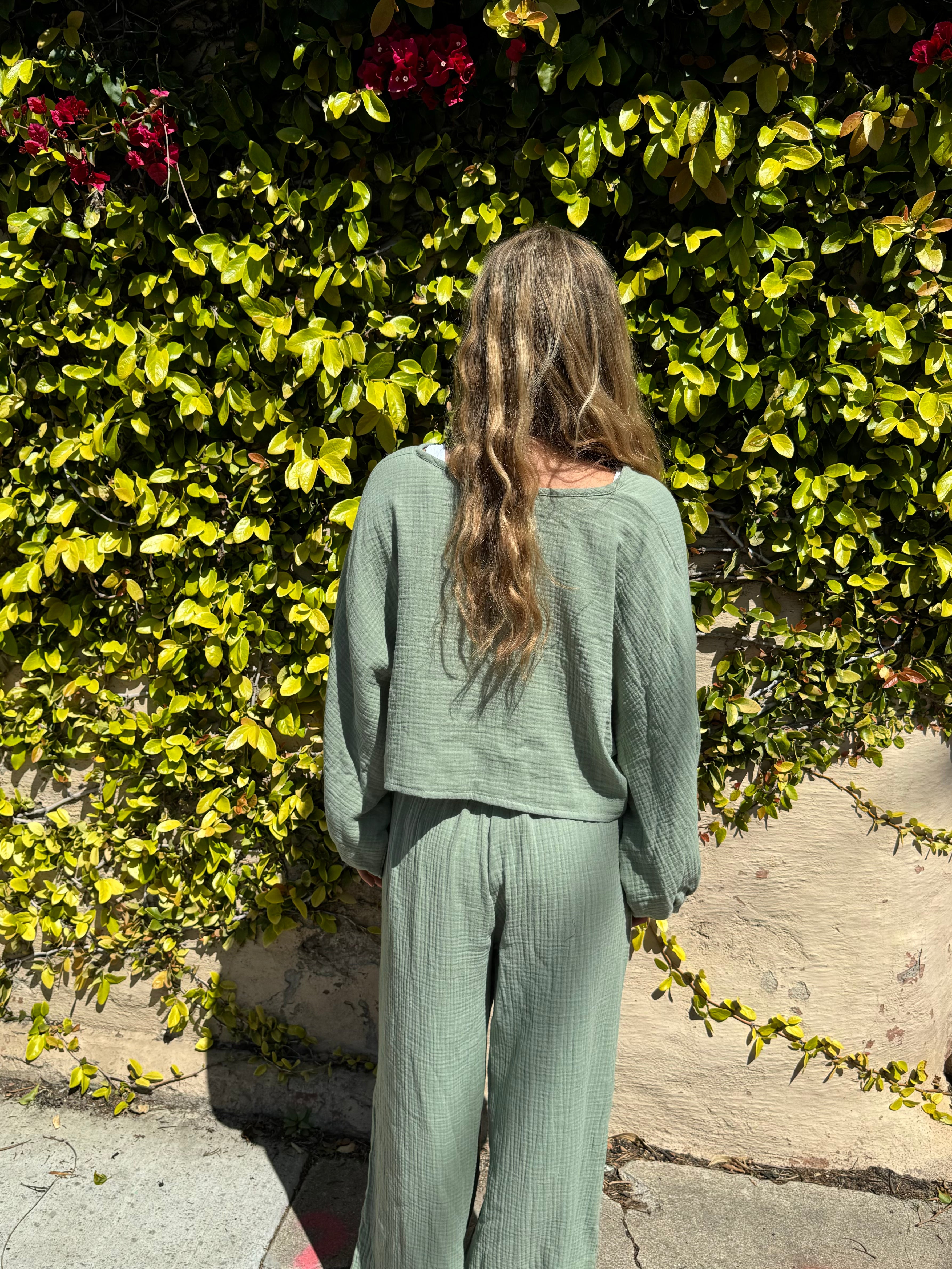 Wide leg cotton gauze pants in Sage Green.
