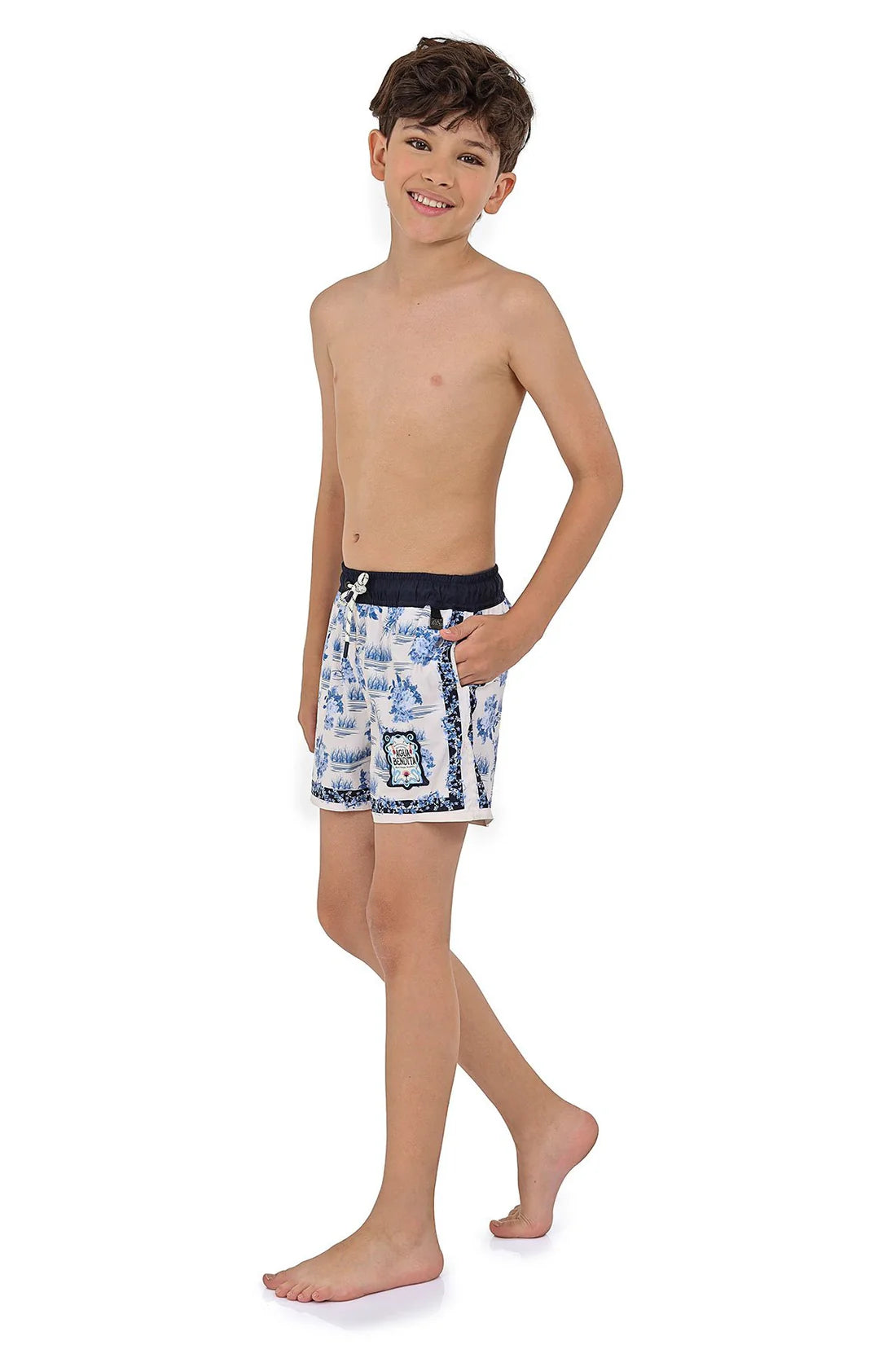 Boys' swim trunk in white with blue print