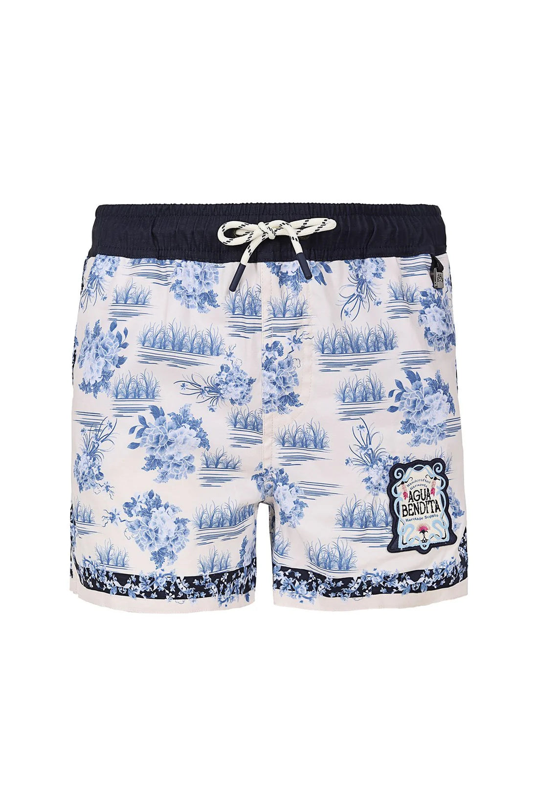Boys' swim trunk in white with blue print