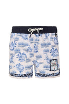 Boys' swim trunk in white with blue print