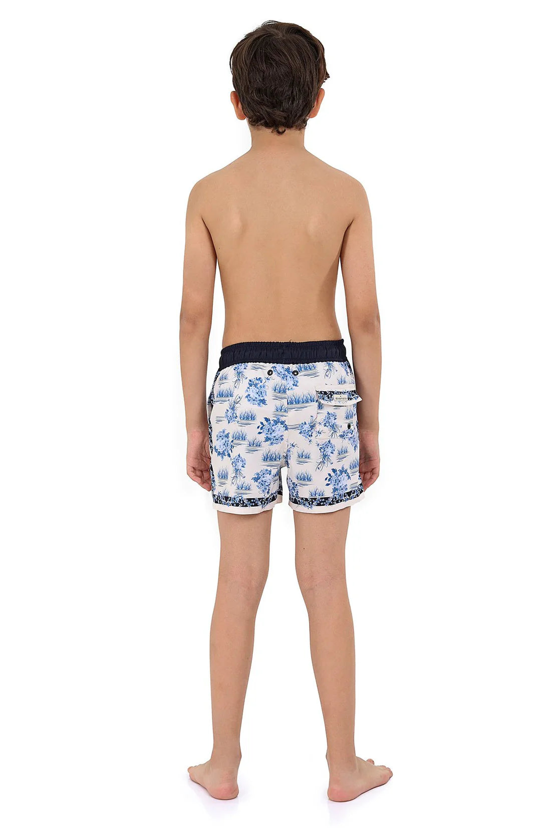 Boys' swim trunk in white with blue print