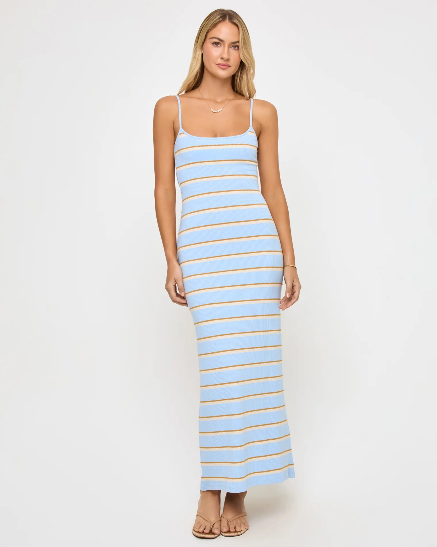 Striped dress with ribbed fabric and a scooped neck with spaghetti straps