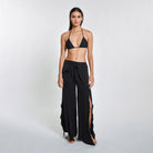 Black cotton wrap pants with side slit and tie front