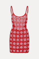 Open knit crochet coverup dress in red and pink