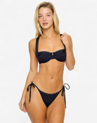 Beaded tie side bikini bottom with ruched back and tie sides