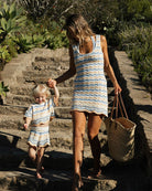Girls' top and shorts set with scalloped hem in wavy multicolor stripes