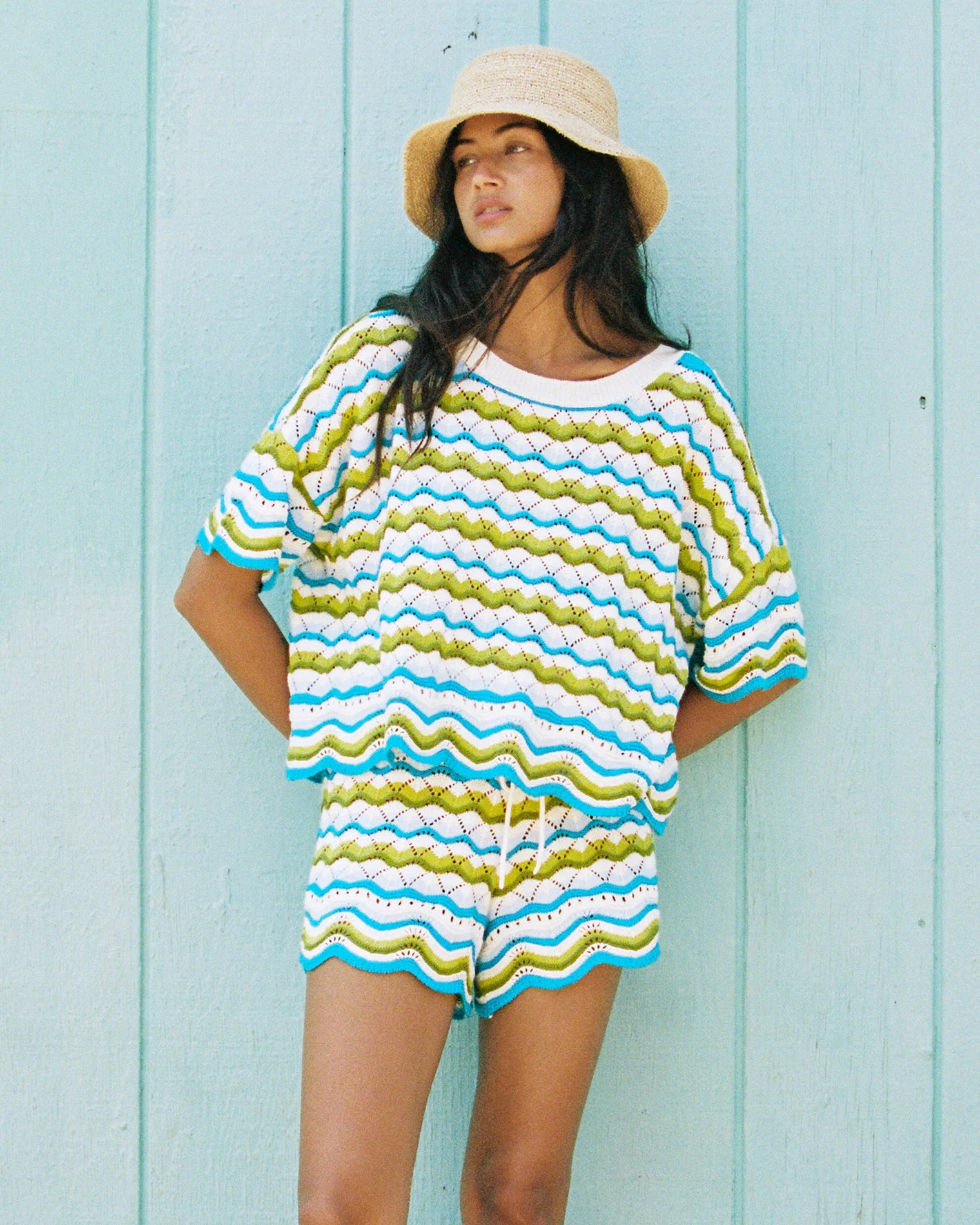 Cotton crochet knit shorts in colorful stripes