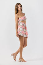 One shoulder mini dress with asymmetric side cutout in Spanish tile print