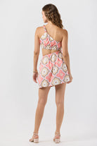 One shoulder mini dress with asymmetric side cutout in Spanish tile print