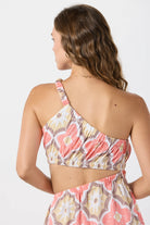 One shoulder mini dress with asymmetric side cutout in Spanish tile print