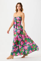 Strapless tie front maxi dress in bright Hawaiian print