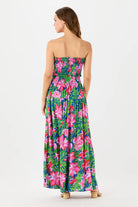 Strapless tie front maxi dress in bright Hawaiian print