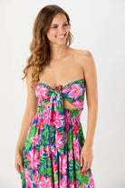 Strapless tie front maxi dress in bright Hawaiian print