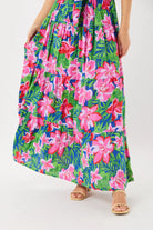 Strapless tie front maxi dress in bright Hawaiian print