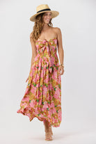Tie front sleeveless maxi dress with a front cutout in multicolor print
