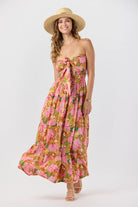 Tie front sleeveless maxi dress with a front cutout in multicolor print