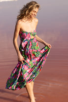 Strapless tie front maxi dress in bright Hawaiian print