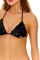 Black sequin covered triangle top with adjustable straps