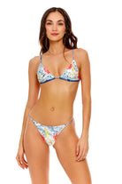 Minimal coverage bottom with thin beaded straps on the side in multicolor print