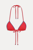 Adjustable triangle bikini top in red with blue beading