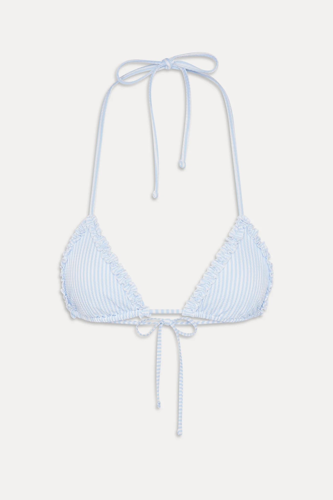 Ruffled triangle bikini top with adjustable strings in blue and white stripes