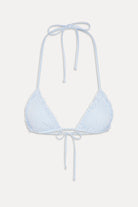 Ruffled triangle bikini top with adjustable strings in blue and white stripes