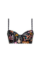 Black underwire top with scalloped edging and colorful print