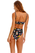Black underwire top with scalloped edging and colorful print
