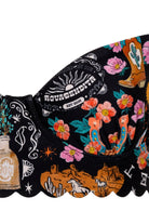 Black underwire top with scalloped edging and colorful print