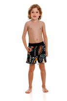 Boys' black swim trunks with colorful print