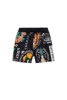 Boys' black swim trunks with colorful print