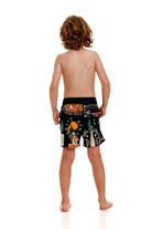 Boys' black swim trunks with colorful print