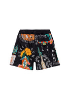 Boys' black swim trunks with colorful print
