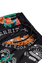 Boys' black swim trunks with colorful print