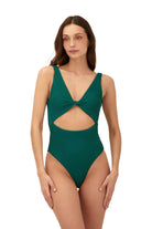 Textured one piece with plunging neckline, twist front, and cutouts in Emerald Green
