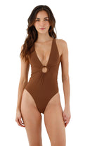 Plunging neck brown one piece with front ring
