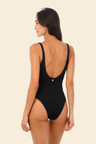 Textured one piece with a scooped neck and decorative rings in black