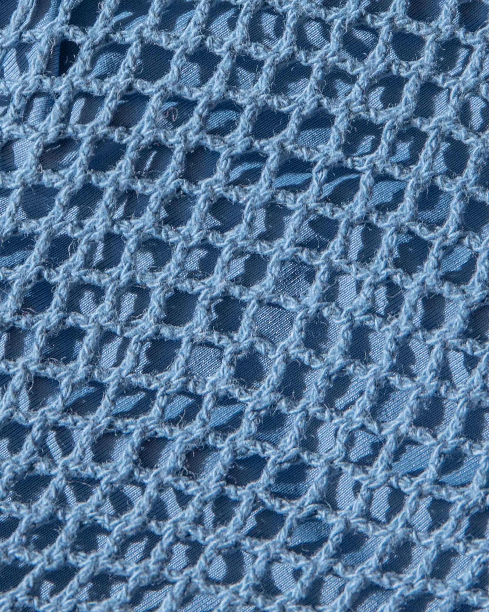Adjustable triangle top with crochet overlay in blue